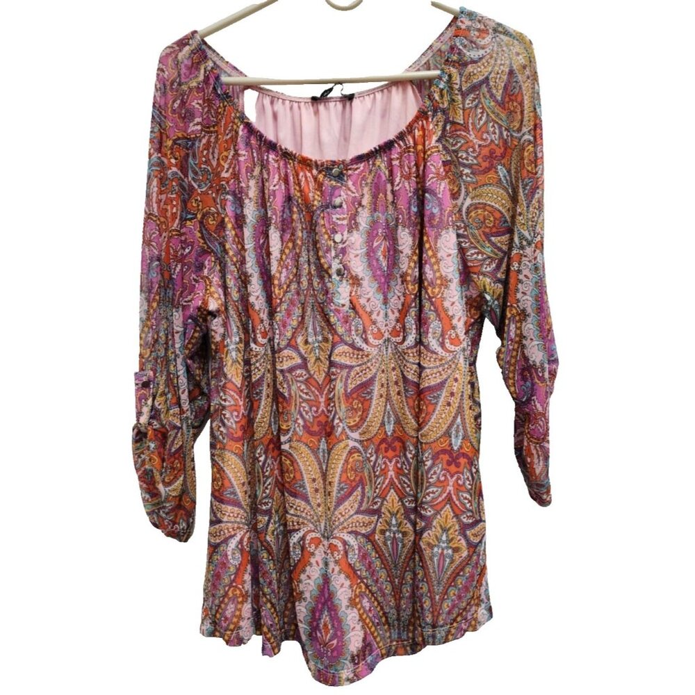 Zoey‎ & Leelo Womens BOHO Peasant Top XL Orange Yellow Paisley Tab Sleeve Casual